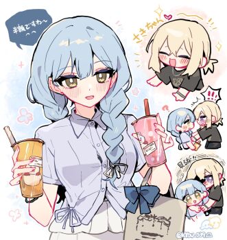 2girls bang_dream! bang_dream!_it's_mygo!!!!! black_bra black_shirt blonde_hair blue_shirt blush bra braid button_gap cup disposable_cup heart highres holding holding_cup kyou_039 long_hair misumi_uika multiple_girls open_mouth purple_eyes shirt short_hair short_sleeves spoken_heart togawa_sakiko translation_request twin_braids underwear yellow_eyes yuri