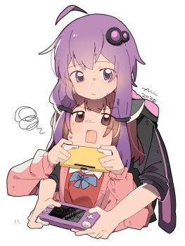 Rule 34 | 2girls, ahoge, alternate costume, animal ear hood, animal hood, black jacket, blue bow, blue bowtie, bow, bowtie, brown eyes, brown hair, cardigan, casual, chin rest, closed mouth, commentary, cropped torso, dress, fake animal ears, furrowed brow, hair ornament, handheld game console, head on head, head rest, headgear, highres, holding, holding handheld game console, hood, hooded jacket, jacket, jewelry, long sleeves, low-tied sidelocks, medium hair, multiple girls, nimingduz, open mouth, pink cardigan, playing games, purple eyes, purple hair, rabbit hood, rectangular mouth, red dress, short hair with long locks, sidelocks, simple background, sleeves rolled up, squiggle, sweatdrop, symbol-only commentary, touhoku kiritan, twintails, upper body, vocaloid, voiceroid, white background, yuzuki yukari