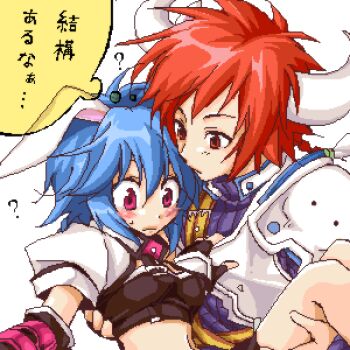 10s animal_ears armor blue_hair blush buffalo_(trickster) bunny_(trickster) holding horns lowres midriff oekaki rabbit_ears red_eyes red_hair trickster_(ntreev_soft)