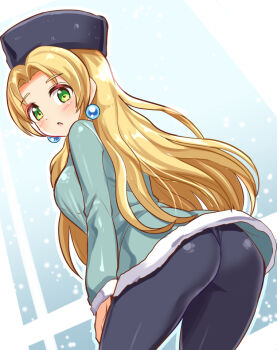 1girl ass blonde_hair blush breasts capcom coat cougar_(cougar1404) earrings from_behind green_eyes hat jewelry kalinka_cossack_(mega_man) leaning leaning_forward long_hair looking_at_viewer medium_breasts mega_man_(classic) mega_man_(series) mega_man_4 open_mouth pantyhose sideboob solo very_long_hair