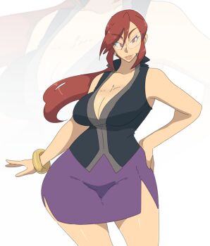 Rule 34 | 1girl, bare shoulders, breasts, cleavage, glasses, large breasts, leedraw11, lips, long hair, looking at viewer, lorelei (pokemon), nintendo, pokemon, pokemon frlg, ponytail, red eyes, red hair, skirt, sleeveless, wide hips