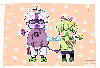 1boy 1girl alien antennae black_thighhighs blush blush_stickers candy chibi chibi_only climaxmukr commentary_request dandadan enjoji_jin evil_eye_(dandadan) food full_body green_eyes green_hair green_hoodie green_shoes grey_hair highres holding hood hoodie long_sleeves looking_at_viewer miniskirt pacifier pants possessed purple_eyes purple_hoodie shoes short_hair skirt standing straight-on thighhighs third_eye vamola_(dandadan)