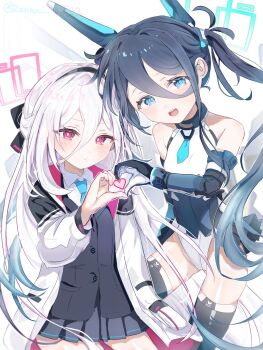 2girls aqua_halo aris_(armed)_(blue_archive) aris_(blue_archive) bare_shoulders black_gloves black_hair black_hairband black_skirt blue_archive blue_eyes blue_necktie blue_ribbon blush bright_pupils closed_mouth collared_shirt double-parted_bangs elbow_gloves gloves hair_between_eyes hairband halo heart heart_hands heart_hands_duo highres jacket kei_(blue_archive) kei_(new_body)_(blue_archive) leotard long_hair long_hair_between_eyes long_sleeves looking_at_viewer mecha_musume mechanical_wings miniskirt multicolored_jacket multicolored_leotard multiple_girls necktie open_mouth pink_eyes pink_halo pleated_skirt ribbon ringed_eyes shirt showgirl_skirt skirt sleeveless smile thighhighs twintails two-tone_jacket very_long_hair white_hair white_jacket white_pupils white_shirt wings zenmai_0522