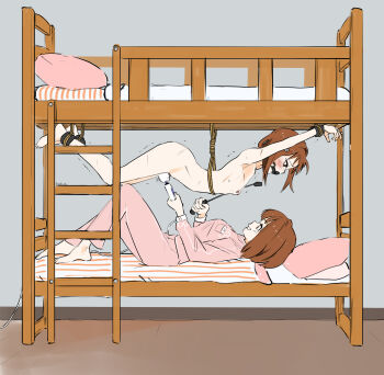 2girls absurdres artist_name ball_gag barefoot bdsm bed blush bondage bound breasts brown_eyes brown_hair bunk_bed clothed_female_nude_female commentary commission completely_nude english_commentary eudetenis femdom forced_orgasm from_side futaba_(pretzelfan) gag gagged grin hair_ornament hairclip highres hitachi_magic_wand ichika_(pretzelfan) incest indoors ladder long_sleeves looking_at_another lying multiple_girls nipples nude on_back original pajamas pants pillow pink_pajamas pink_pants restrained riding_crop rope second-party_source sex_toy short_hair siblings sisters small_breasts smile stationary_restraints suspension trembling twins vibrator whip_marks yuri
