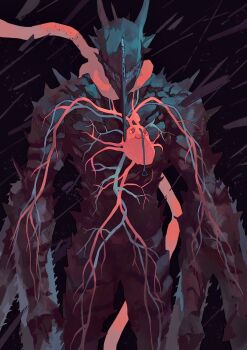 chainsaw chainsaw_devil chainsaw_man dark dark_background extra_arms facing_viewer heart highres leonardo_vincent pochita_(chainsaw_man) pull_cord scarf sharp_teeth solo spikes standing teeth veins x-ray