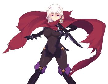 1girl arisia_hellioxenes black_bodysuit bodysuit boots braid breasts cape covered_navel dual_wielding flower game_cg gloves hair_ornament holding holding_weapon knife kourin_tenshi_en_ciel_rena large_breasts large_variant_set looking_at_viewer non-web_source official_art purple_eyes saitou_natsuki short_hair side_braid skin_tight smile solo suhamaya thigh_boots thighhighs torn_cape torn_clothes transparent_background variant_set weapon white_hair