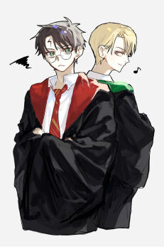 2boys black_robe blonde_hair blue_eyes closed_mouth collar draco_malfoy glasses green_eyes grey_background gryffindor harry_potter harry_potter_(series) hogwarts_school_uniform lightning_bolt_symbol looking_at_another male_focus multiple_boys musical_note necktie pixiv_id_71379673 robe scar scar_on_face scar_on_forehead school_uniform shirt short_hair simple_background striped_necktie white_shirt wing_collar wizarding_world