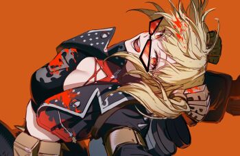 Rule 34 | 1girl, belt, belt pouch, black jacket, black tube top, blonde hair, blood, blood in hair, blood on clothes, blood on face, blood on tongue, blood splatter, breasts, burnice white, cleavage, crazy smile, cropped jacket, eyelashes, from above, from side, jacket, large breasts, looking at viewer, looking over eyewear, medium hair, namahamu913, open clothes, open jacket, open mouth, orange background, pouch, red-tinted eyewear, red eyes, simple background, smile, solo, spiked belt, spiked jacket, strapless, sunglasses, tinted eyewear, tongue, tongue out, tube top, twintails, upper body, utility belt, zenless zone zero