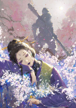 Rule 34 | 1boy, 1girl, absurdres, black hair, black myth: wukong, cgshuchai, closed eyes, commentary request, eyeshadow, flower, fourth sister (black myth: wukong), hair bun, hair ornament, hair stick, highres, long hair, long sleeves, makeup, making-of available, nail polish, purple eyeshadow, purple lips, purple nails, single hair bun, sleeping, white flower, wide sleeves