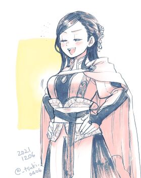 1girl breasts bridal_gauntlets cape closed_eyes commentary_request cowboy_shot dated dress flower hair_flower hair_ornament half_updo hands_up hitsuki_(hiidukii) honzuki_no_gekokujou large_breasts limited_palette long_dress myne_(honzuki_no_gekokujou) open_mouth smile solo traditional_media twitter_username