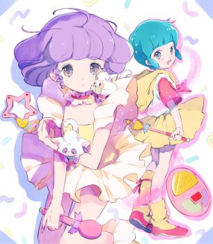 Rule 34 | 1girl, animal, animal on shoulder, aqua hair, blue eyeshadow, blunt bangs, bob cut, brown eyes, choker, commentary request, confetti, creamy mami, eyeshadow, frilled choker, frills, hano luno, highres, holding, holding animal, holding microphone, holding wand, magical girl, mahou no tenshi creamy mami, makeup, microphone, morisawa yuu, nega (creamy mami), posi (creamy mami), purple hair, smile, wand