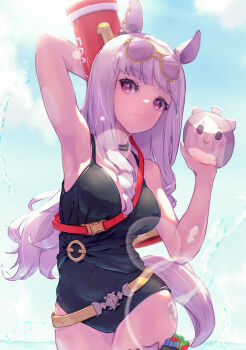 1girl absurdres animal_ears arm_up armpits black_one-piece_swimsuit blunt_bangs breasts cleavage closed_mouth commentary_request cowboy_shot earrings eyewear_on_head gold_ship_(run_revolt_launcher)_(umamusume) gold_ship_(umamusume) highres horse_ears horse_girl horse_tail jewelry long_hair looking_at_viewer number_pun official_alternate_costume one-piece_swimsuit revision solo stella_(stella) sunglasses swimsuit tail umamusume