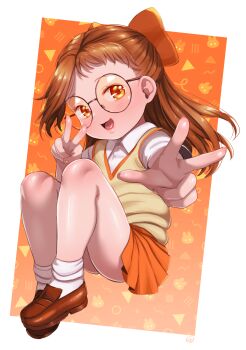 1girl blush born-to-die bow brown_hair brown_shoes double_v flat_chest fujiwara_hazuki glasses gradient_background hair_bow loli long_hair looking_at_viewer ojamajo_doremi open_mouth orange_background orange_bow orange_eyes orange_skirt rabbit_background school_uniform shirt shoes short_sleeves sitting skirt smile sweater_vest v white_shirt white_shoes yellow_sweater_vest