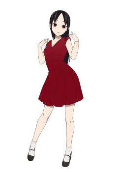 1girl :o absurdres black_hair bracelet commentary coro_fae dress full_body hands_up highres jewelry kaguya-sama_wa_kokurasetai_~tensai-tachi_no_renai_zunousen~ long_hair looking_at_viewer parted_bangs red_dress red_eyes shinomiya_kaguya short_dress simple_background solo standing straight_hair white_background