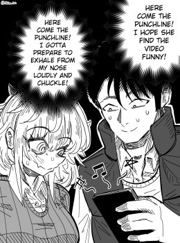 1boy 1girl breasts cellphone closed_mouth collared_shirt commentary english_commentary english_text fang greyscale highres holding holding_phone long_hair mimi_(nhim) monochrome musical_note nhim open_clothes open_vest original phone roy_(nhim) shirt short_hair skin_fang smartphone smile speech_bubble sweat sweater thought_bubble twitter_username vest