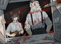 Rule 34 | 2boys, aak (arknights), arknights, black background, black eyes, black pants, braid, character name, chinese commentary, circled, coin, colored sclera, colored tips, commentary request, earrings, fang, fang out, furry, furry male, highres, holding, holding instrument, holding violin, horns, hung (arknights), instrument, jewelry, komainu boy, komainu ears, komainu tail, letter, looking at another, male focus, mianbao gou 2 hao, multicolored hair, multiple boys, nib pen (object), orange eyes, pants, paper, pen, photo (object), rhodes island logo (arknights), shirt, single horn, sleeves rolled up, slit pupils, suspenders, sweatdrop, violin, white shirt, yellow sclera