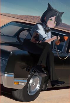 Rule 34 | 1girl, absurdres, animal ears, black gloves, black hair, black necktie, black pants, block heels, can, car, cat ears, cat girl, cat tail, collared shirt, commentary, desert, drink can, english commentary, extra ears, formal clothes, gloves, green eyes, half gloves, highres, motor vehicle, necktie, original, outdoors, pants, polilla, shirt, short hair, slit pupils, soda can, suit, tail, white shirt