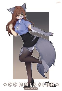 1girl absurdres animal_ear_fluff animal_ears black_shoes black_skirt black_thighhighs blue_shirt blush brown_eyes brown_hair collared_shirt commentary commission english_commentary from_side full_body furry furry_female gradient_background heterochromia high_heels highres long_hair looking_back miniskirt mo_(k40633) open_mouth original shirt shirt_tucked_in shoes short_sleeves simple_background skirt solo tail thighhighs thighs torn_clothes torn_skirt torn_thighhighs yellow_eyes