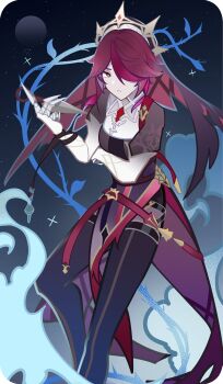 1girl absurdres chinese_commentary claw_ring closed_mouth commentary_request genius_invokation_tcg_(style) genshin_impact gloves hair_over_one_eye highres linjiedezhu looking_at_viewer nun red_eyes red_hair rosaria_(genshin_impact) short_hair solo thighhighs veil white_gloves