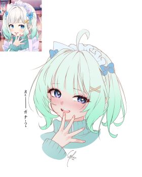 1girl alternate_costume blue_eyes commentary cropped_torso densetsu.exe english_commentary fingernails gradient_hair green_hair green_jacket hair_ornament hairclip hand_up high_collar highres jacket jersey_maid looking_at_viewer maid maid_headdress mint_fantome multicolored_hair open_mouth pointy_ears raised_eyebrow reference_inset simple_background smug solo syxh track_jacket triangular_headpiece twintails unconventional_maid virtual_youtuber white_background x_hair_ornament