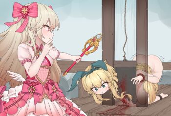 2girls absurdres alice_(grimms_notes) alice_(shinsei)_(grimms_notes) ass blonde_hair blood blood_splatter chaos_marie_(grimms_notes) cleavage_cutout clothing_cutout crowd death decapitation dress dried_blood execution frills gradient_hair grimms_notes guillotine guro hair_ribbon highres jewelry ju_ge long_hair multicolored_hair multiple_girls necklace nude open_mouth outstretched_arm puffy_sleeves restrained ribbon tears twitching wand weapon wings