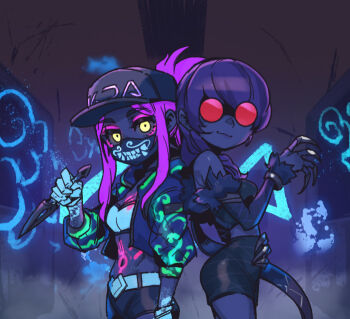 2girls akali bare_shoulders baseball_cap belt black_shorts breasts claws commentary detached_sleeves evelynn_(league_of_legends) fur_trim glowing glowing_eyes hat holding holding_weapon k/da_(league_of_legends) k/da_akali k/da_evelynn kunai league_of_legends long_hair looking_at_viewer mask medium_breasts medium_hair mouth_mask multiple_girls navel phantom_ix_row pink_hair shiny_skin shorts smile stomach sunglasses symbol-only_commentary ultraviolet_light weapon yellow_eyes
