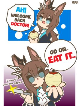 1girl absurdres amiya_(arknights) amiya_(medic)_(arknights) animal_ears apple arknights blue_eyes brown_hair commentary english_commentary english_text food fruit highres holding kuhl-notes open_mouth rabbit_ears rabbit_girl