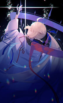 1girl aesc_(fate) aesc_(savior)_(fate) ahoge black_background black_fur black_gloves blonde_hair blue_bow blue_ribbon bow cape closed_eyes closed_mouth collar fate/grand_order fate_(series) fomnant fur_trim gloves hair_bow highres long_hair long_sleeves ribbon shine twintails very_long_hair white_cape white_collar
