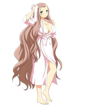 1girl :o barefoot bathrobe blush breasts brown_hair cleavage collarbone drying drying_hair drying_own_hair green_eyes holding holding_towel kochou_(senran_kagura) large_breasts long_hair looking_at_viewer non-web_source official_art parted_bangs pink_robe robe senran_kagura senran_kagura_new_wave shiny_skin simple_background solo standing towel very_long_hair wavy_hair white_background
