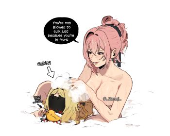 2girls absurdres arrow_(symbol) bare_arms bare_legs bare_shoulders bathing behind_another blindfold_mask blonde_hair blush breasts collarbone colored_speech_bubble commentary completely_nude covered_eyes earrings english_commentary english_text glowing_mask green_nails hair_between_eyes hair_intakes hair_up hand_on_another&#039;s_head highres hourglass_earrings jewelry looking_at_another mask medium_breasts multiple_girls nipples no_eyewear nude open_mouth pink_hair red_eyes red_nails rubber_duck same-sex_bathing shampoo shared_bathing simple_background sitting smile speech_bubble swim_ring trigger_(zenless_zone_zero) tsukishiro_yanagi twitter_username wet wet_hair white_background yuri zanqi zenless_zone_zero