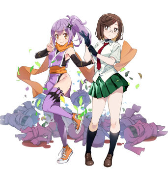 Rule 34 | 2girls, bare shoulders, black leotard, black socks, blonde hair, blush, bright pupils, brown eyes, brown hair, brown shoes, closed mouth, colored inner hair, commentary request, full body, green skirt, hair ornament, japanese clothes, kimono, kneehighs, koga konoha, kuji-in, kunai, kusagakure satoko, leotard, leotard under clothes, loafers, long hair, looking at viewer, miniskirt, multicolored hair, multiple girls, necktie, ninja, ninja to koroshiya no futarigurashi, nyoro (nyoronyoro000), orange scarf, orange shoes, pelvic curtain, pleated skirt, purple hair, purple kimono, purple thighhighs, red necktie, scarf, shirt, shoes, short hair, shuriken hair ornament, sideless kimono, simple background, skirt, smile, socks, standing, standing on one leg, thighhighs, thighs, weapon, weapon in garters, white background, white pupils, white shirt