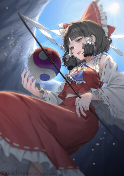 1girl :d ascot black_hair blue_ascot blue_sky bow brown_eyes commentary_request day detached_sleeves feet_out_of_frame frilled_ascot frilled_bow frilled_hair_tubes frilled_sleeves frills gohei hair_bow hair_tubes hakurei_reimu highres holding holding_gohei light_particles long_sleeves open_mouth orb red_bow red_skirt red_vest ribbon-trimmed_skirt ribbon-trimmed_sleeves ribbon_trim short_hair skirt sky smile solo sun touhou vest wanko_sora watermark white_sleeves wide_sleeves yellow_bow yin_yang yin_yang_orb
