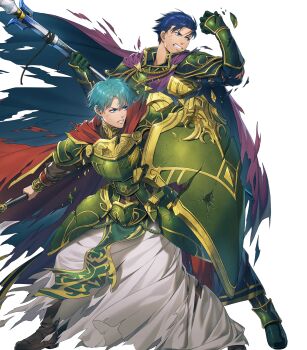 Rule 34 | 2boys, aqua eyes, armor, axe, battle axe, battle damage, belt, blue eyes, blue hair, boots, cape, clenched teeth, cosplay, damaged, ephraim (fire emblem), ephraim (sacred twin lord) (fire emblem), fado (fire emblem), fado (fire emblem) (cosplay), fire emblem, fire emblem: the blazing blade, fire emblem: the sacred stones, fire emblem heroes, full body, gauntlets, green armor, hector (brave warrior) (fire emblem), hector (fire emblem), highres, holding, holding axe, holding polearm, holding shield, holding weapon, kuren, loincloth, male focus, maltet (fire emblem), multiple boys, nintendo, non-web source, official alternate costume, official art, open mouth, pants, polearm, purple cape, shield, short hair, shoulder armor, spear, teeth, torn clothes, uther (fire emblem), uther (fire emblem) (cosplay), weapon