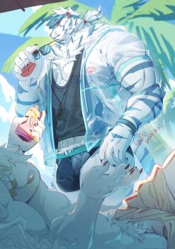 abs animal_ears artist_name bara black_male_swimwear black_shirt black_tank_top blue_sky braid bulge chinese_commentary claws closed_mouth coconut_tree commentary_request dated dislyte earrings furry furry_male highres holding holding_removed_eyewear jacket javid_(shamash)_(dislyte) jewelry jin_qiu_(ru_shou)_(dislyte) lion_boy lion_mane male_focus male_swimwear muscular muscular_male necklace nipples palm_tree pawpads pectorals penis penis_peek ponytail scar scar_across_eye scar_on_face see-through_clothes see-through_jacket shirt sky sleeveless sleeveless_shirt sunglasses tail tank_top tiger_boy tiger_ears tiger_stripes tiger_tail tree tuji_han unworn_eyewear visor_cap