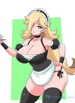 1girl apron black_panties black_shirt black_thighhighs blonde_hair blue_eyes breasts choker cleavage collarbone cup detached_sleeves earrings hair_over_one_eye hand_on_own_hip holding holding_tray jewelry large_breasts leaning_forward long_hair looking_at_viewer maid maid_apron maid_headdress mario_(series) momocka-art nintendo open_mouth panties puffy_sleeves rosalina shirt short_sleeves side-tie_panties sleeveless sleeveless_shirt standing star_(symbol) star_earrings super_mario_galaxy teacup thick_thighs thighhighs thighs tray underwear waitress white_apron white_background wrist_cuffs