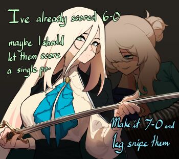 Rule 34 | 2girls, absurdres, ascot, black coat, blonde hair, blue ascot, blue coat, blue eyes, breasts, centurii-chan, coat, commentary, english commentary, english text, fencing, green eyes, hair between eyes, highres, holding, holding sword, holding weapon, long hair, looking at another, multiple girls, original, rapier-chan (centurii-chan), rimless eyewear, round eyewear, saber (weapon), sabre-chan (centurii-chan), shirt, sword, weapon, white hair, white shirt