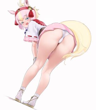 1girl animal_ears back beleven blonde_hair blue_eyes extra_ears full_body gloves hair_ornament highres horse_ears horse_girl horse_tail kemono_friends looking_at_viewer looking_back multicolored_hair panties pink_hair sandals shinme_(kemono_friends) shirt short_hair simple_background skirt solo tabi tail two-tone_hair underwear zouri