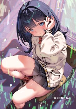 1girl artist_name black_hair black_skirt blue_eyes blush bow bowtie cardigan chair closed_mouth gridman_universe highres kink_(tortoiseshell) looking_at_viewer medium_hair microskirt on_chair orange_scrunchie red_bow red_bowtie red_socks school_chair school_uniform scrunchie skirt smile socks solo ssss.gridman takarada_rikka thighs white_cardigan wrist_scrunchie