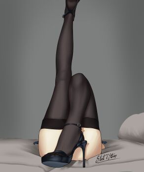 1girl absurdres artist_name black_sandals black_thighhighs blue_hair commentary convenient_leg feet grey_background high_heel_sandals high_heels highres knees_together_feet_apart leg_focus leg_up legs original photo-referenced sandals signature silent7stars skindentation solo stiletto_heels strappy_heels symbol-only_commentary thighhighs toenails toes