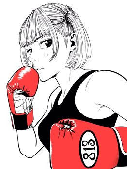 Rule 34 | 1girl, boxing, boxing gloves, breasts, commentary request, fighting stance, gloves, highres, large breasts, lee (dragon garou), military vehicle, monochrome, motor vehicle, original, red gloves, sideburns, sidelocks, solo, spot color, tank, twintails, upper body