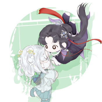 2girls absurdly_long_hair basket black_hair blue_hanfu blue_shoes border bright_pupils brown_eyes chinese_clothes chinese_commentary closed_mouth commentary_request drop_shadow floating green_background hair_bun hair_ornament hair_ribbon hair_rings half_updo hanfu happy highres infinity_nikki lattice leg_up long_hair long_sleeves looking_at_another lotus_heart_(infinity_nikki) multiple_girls nikki_(series) outside_border plant pom_pom_(clothes) pom_pom_hair_ornament potted_plant purple_hanfu red_ribbon ribbon robe round_border shoes short_hair single_hair_bun standing thought_in_bloom_(infinity_nikki) very_long_hair white_border white_hair white_pupils white_robe wuwangwo88151 yuri