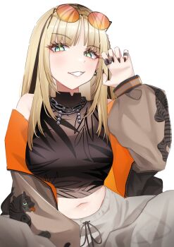 1girl absurdres aqua_eyes black_jacket black_shirt black_streaks black_tank_top blonde_hair braid breasts claw_pose commentary cropped_shirt curtained_hair grey_pants grin halterneck hand_up highres hololive hololive_dev_is jacket jape_(ja_pehhhh) koganei_niko koganei_niko_(1st_costume) large_breasts letterman_jacket long_hair looking_at_viewer midriff navel off_shoulder orange-tinted_eyewear pants parted_bangs parted_hair round_eyewear see-through_clothes see-through_shirt shirt side_braid simple_background sleeveless sleeveless_shirt slit_pupils smile solo straight_hair sukajan sunglasses sweatpants symbol-only_commentary tank_top tinted_eyewear torn_clothes torn_pants virtual_youtuber white_background