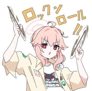 1girl :&lt; ahoge arm_up blue_archive brown_jacket drumsticks hair_between_eyes halo hand_up jacket natsu_(band)_(blue_archive) natsu_(blue_archive) nyaru_(nyaru_4126) open_clothes open_jacket parted_lips pink_hair red_eyes shirt sidelocks simple_background solo translation_request triangle_mouth twirl upper_body v-shaped_eyebrows white_background white_shirt