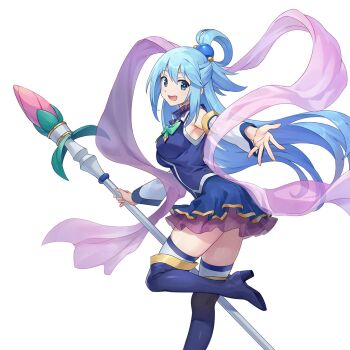 1girl aqua_(konosuba) blue_boots blue_eyes blue_hair blue_shirt blue_skirt boots breasts detached_sleeves foot_out_of_frame holding holding_staff kono_subarashii_sekai_ni_shukufuku_wo! leg_up long_hair mage_staff medium_breasts miniskirt official_art open_mouth outstretched_arm ragnador shirt simple_background skirt sleeveless sleeveless_shirt smile solo staff thigh_boots thighhighs transparent_background white_sleeves white_thighhighs