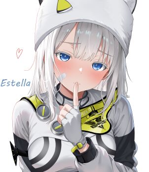 1girl absurdres animal_hat arknights arknights:_endfield bandaid bandaid_on_cheek bandaid_on_face blue_eyes blush bodysuit breasts character_name closed_mouth commentary_request estella_(arknights) finger_to_mouth fingerless_gloves gloves hat heart highres index_finger_raised jitome large_breasts long_hair long_sleeves looking_at_viewer simple_background solo teef upper_body white_background white_hair white_hat