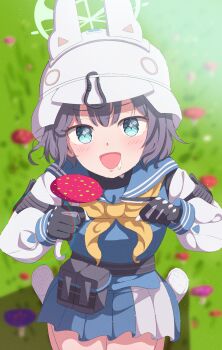 +_+ 1girl :d absurdres animal_ears aqua_eyes black_gloves black_hair blue_archive blue_serafuku blue_shirt blue_skirt blurry blurry_background blush bucket_hat commentary day drooling fake_animal_ears fly_agaric from_above gloves green_halo hair_between_eyes halo hat highres holding holding_mushroom index_finger_raised knees_out_of_frame lens_flare looking_at_viewer mikoshi_(user_wvyd4348) miniskirt mouth_drool mushroom neckerchief open_mouth outdoors pleated_skirt pointing rabbit_ears saki_(blue_archive) school_uniform seiza serafuku shirt short_hair sitting skirt smile solo white_hat white_sleeves yellow_neckerchief