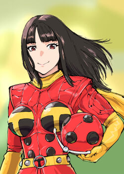 Rule 34 | 1girl, breasts, electro wave human tackle, gloves, green background, helmet, highres, holding, holding unworn helmet, kamen rider, kamen rider dcd, medium breasts, misaki yuriko, red helmet, scarf, simple background, smile, solo, ueyama michirou, unworn headwear, unworn helmet, yellow gloves