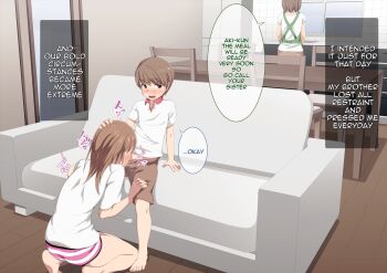 1boy 2girls age_difference apron ass blush brother_and_sister brown_eyes brown_hair chair clothed_sex copyright_request feet fellatio hand_on_head hard-translated hetero highres incest kemuri_haku kitchen legs long_hair multiple_girls oral panties short_hair shota siblings sitting smile standing stealth_sex striped_clothes striped_panties table teenage_girl_and_younger_boy third-party_edit translated underwear