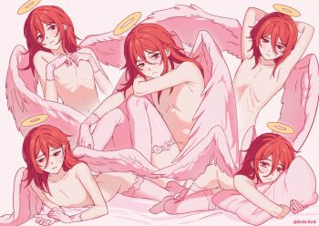 1boy angel_devil_(chainsaw_man) armpits arms_up blush chainsaw_man closed_mouth commentary crossdressing crossdressing_(mtf) gloves hair_between_eyes highres hugging_object long_hair male_focus multiple_views no_nipples nude p_(flavorppp) pillow pillow_hug pink_gloves pink_thighhighs red_eyes red_hair ribs shy simple_background symbol-only_commentary thighhighs topless_male twitter_username white_background