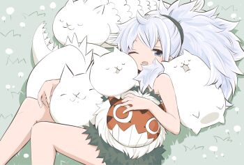 Rule 34 | 1girl, ahoge, blue eyes, cat (nyanko daisensou), cat dragon (nyanko daisensou), dragon, fish, grass, high ponytail, highres, loincloth, looking at viewer, lying, mask, murayamawataru, nyanko daisensou, on ground, on side, one eye closed, ponytail, resting, sleeping, tank cat (nyanko daisensou), tribal, ururun wolf (nyanko daisensou), white hair